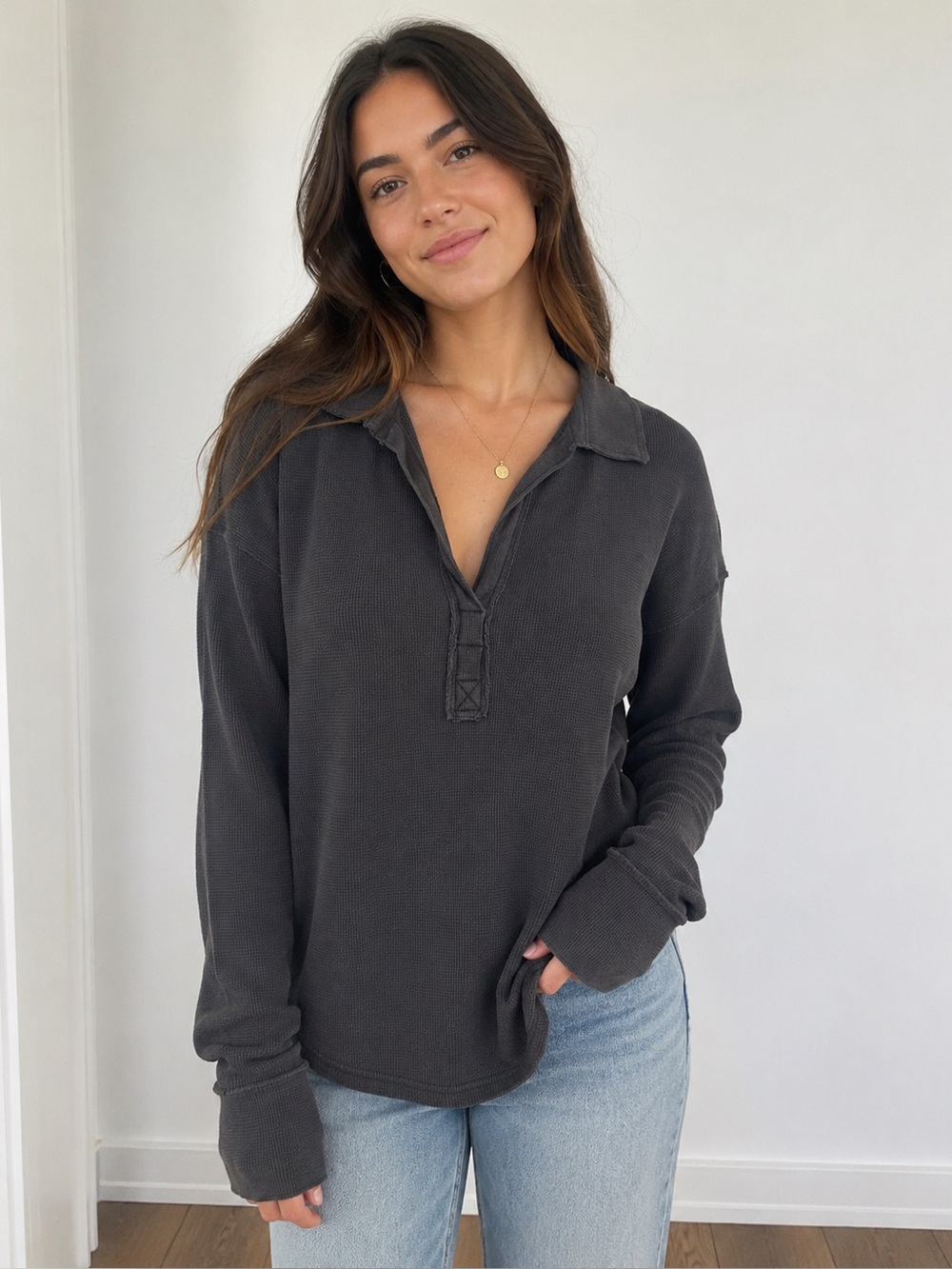 Free People We The Free Travis Thermal Polo Charcoal Gray M NWOT
